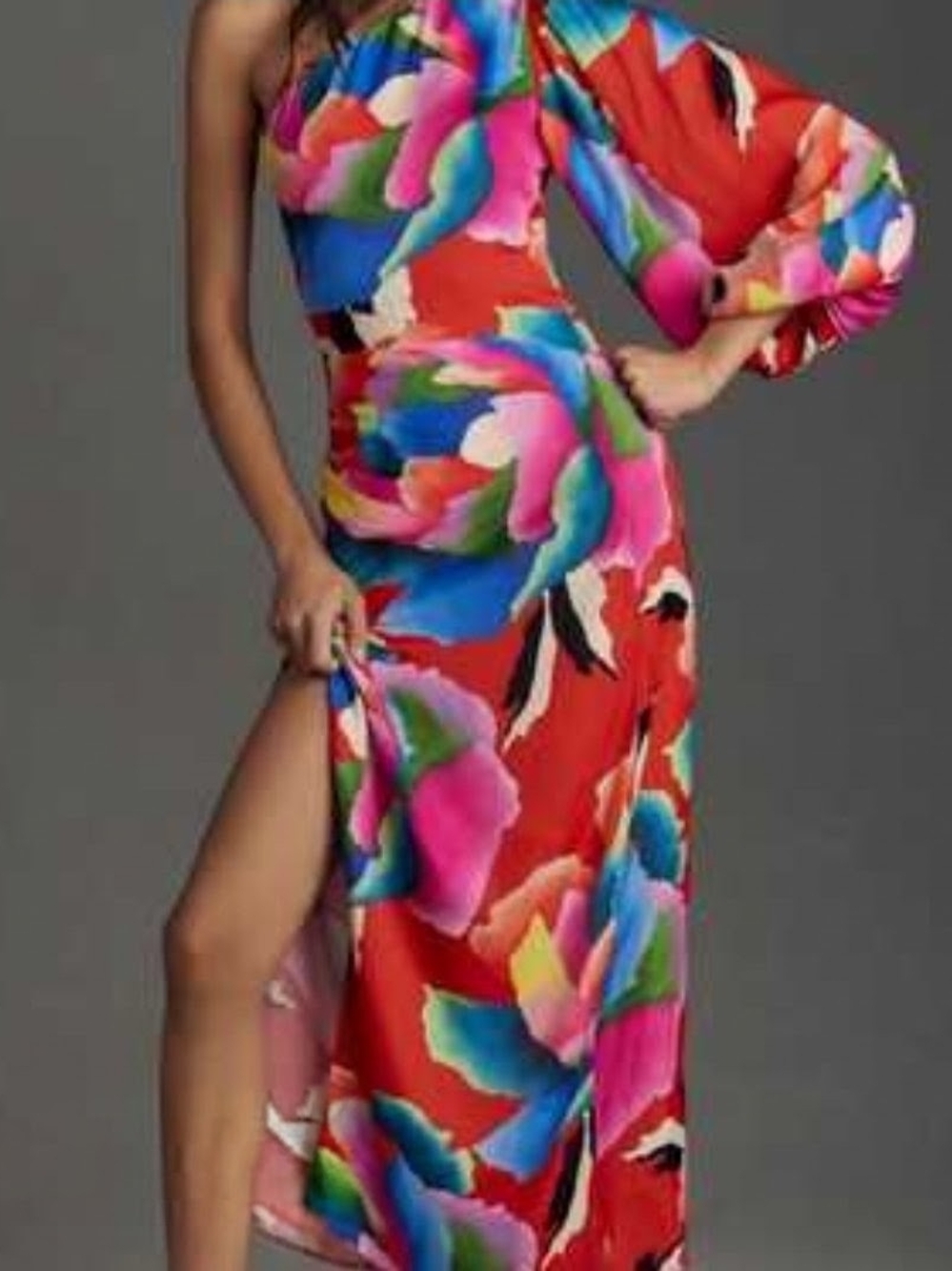 FARM Rio One-Shoulder Red Multicolor Floral Fitted Dress